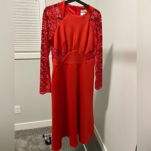 NWT ASOS red dress with lace sleeves and cut outs midi length size 8.